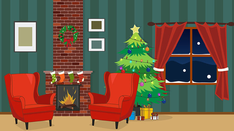 Santa in Christmas decorated lounge room. Adobe Character Animator.