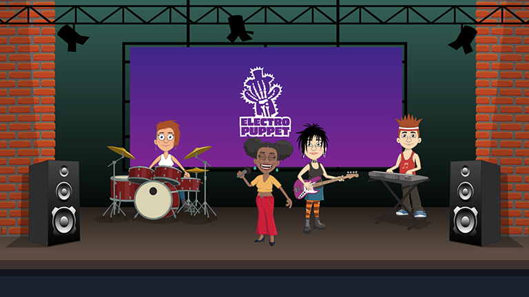 Toon Loons Musos - Musician Musical puppet bundle for Adobe Character Animator. Rapper, Hip-Hop, Singer, Lounge Singer, Vocalist, Guitarist, Bass player, Keyboardist, keyboard player, drummer, Punk, Goth, Rap, Electronic, Rock musicians