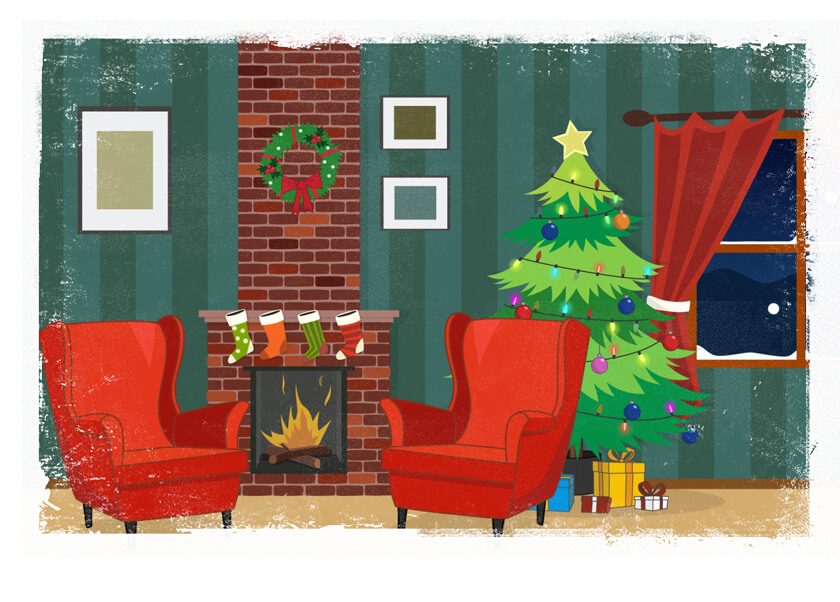 Santa in Christmas decorated lounge room. Adobe Character Animator. Snow